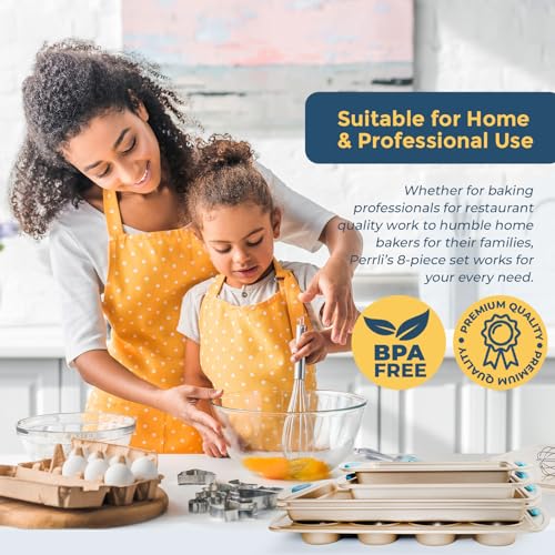 Perlli Baking Kit: Nonstick Gold Steel Oven Set - 10 Pieces, Cookie Sheets, Cake Pans, 9x13Pan with Lid, Loaf & Deep Pans, Pizza Crisper, Muffin Pan - Silicone Handles - color: Blue, size: 10 Piece