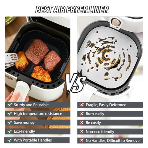 Komzon Silicone Air Fryer Liners Reusable 3 PCS, Airfryer Liners, Silicone Air Fryer Basket Liners Square, Food Grade AirFryer Accessories 4-7 QT, Ktchen Gadgets for Pot Oven Liner Baking Tray Pan - color: Black