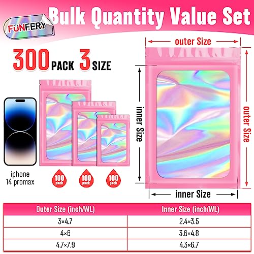 Funfery 300 Pack 3 Size Mylar Holographic Bags with Clear Window,Pink - color: Pink, size: 3x4.7+4x6+4.7x7.9 Inch