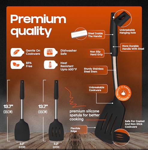 BakeRoyal Silicone Spatula Set - Turner Spatulas Silicone Heat Resistant 600°F - Slotted & Solid Spatula for Cooking Fish, Eggs, Pancakes Flipper – Spatulas for kitchen use – Black - color: Black