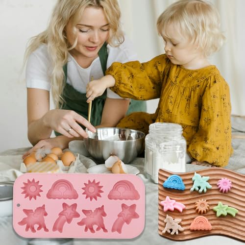 2 Pack Unicorn Molds Silicone 8 Cavity 3D Flying Unicorn Themed Baking Mould Tray with Cartoon Rainbow Meteors Sun for Kids' Party Chocolate Cake Topper Dessert Mousse Pastry Handmade Soap Crayons - style: 8 Cavity Unicorn Molds