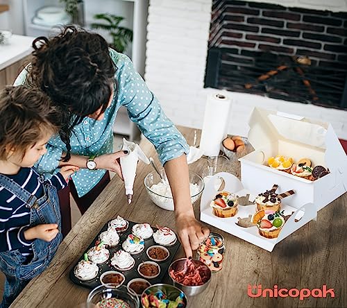 UnicoPak 20 Pack White Cupcake Boxes with Handle Tray - 4" Tall Large Muffin Boxes for 6 Cupcakes - Professional Food-Grade Cardboard Window Boxes for High Frosting, Toppers & Jumbo Treats - color: 20 pack white