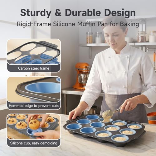 Boyun Silicone Muffin Pan for Baking,No-Spill Easy-Transfer Design,Reinforced Steel Frame, Non-Stick & Dishwasher Safe,12-Cup Regular Size Muffin & Cupcake Pan Bakeware for Oven (Blue 2pcs) - size: 2pcs