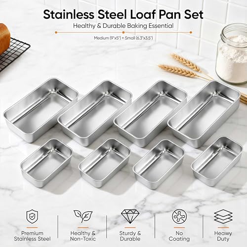 LIANYU Bread Pan Set, 9x5Inch Loaf Pans & 6.3x3.5Inch Mini Bread Baking Pan - color: Silver, size: Medium & Small