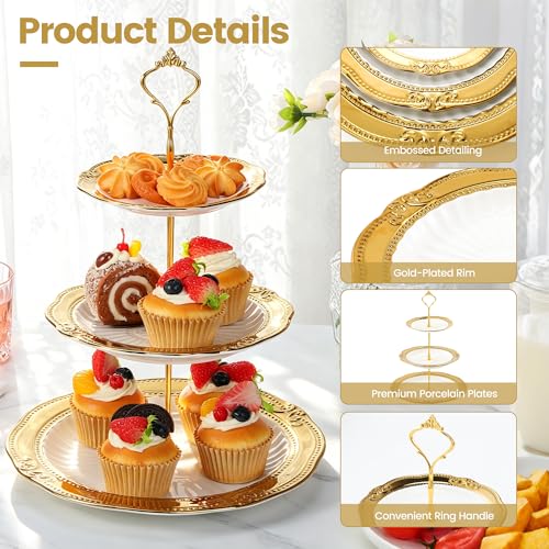 Kochorie 3 Tier Round Ceramic Cupcake Stand Gold Rim White Serving Tray - style: Round