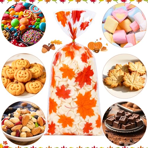 Fall Thanksgiving Cellophane Treat Bags - 50Pcs 5 x 11 Inch Autumn Pumpkin & Maple Leaf Candy Bags with 60 Gold Twist Ties, Plastic Goodie Bag for Cookies, Snacks, Gift Wrapping & Harvest Party Favors - color: Fall 50pcs