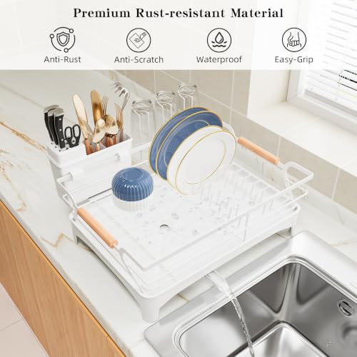 Dish Drying Rack,Space Saving Dish Drainer for Kitchen Counter & Sink,White - color: White