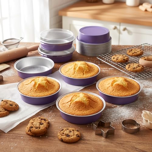 Yinder 8 oz Disposable Creme Brulee Ramekins with Lids, 4 Inch Mini Pie Tins Aluminum Foil Pie Tart Cake Baking Pans Individual Round Containers Oven Safe(Taro Purple,120 Pcs) - color: Taro Purple