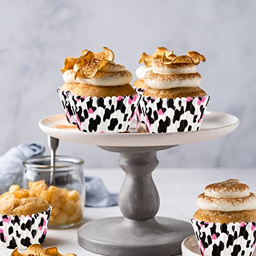 Waline 300 Pcs Cow Print Cupcake Liners 2 x 1.2 Inch Black Pink Animal Print Paper Baking Cups Muffin Liner Cake Storage Container for Baby Shower Birthday Wedding Party Supplies - style: Black Pink Cow Print