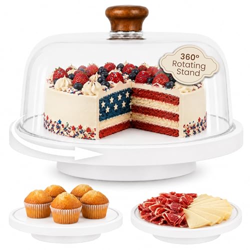 Rotating Acacia Wood Cake Stand with Lid Anti-Mold 12 Inch - 2-in-1 Wooden Charcuterie Board - Covered Dessert Plate with Acrylic Dome - Vintage Pastry Display - Tall Domed Serving Stand Platter - White - color: R - White