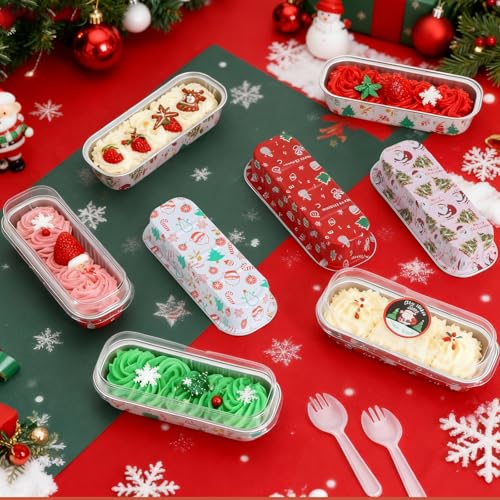 50Pack Mixcolor Christmas Mini Cake Pans with Lids and Spoons Mini Loaf Pans with Lids, 6.8Oz Aluminum Foil Pans Tins, Individual Dessert Cups Containers for Sales,Party,Picnics - color: 50-Christmas-Mix