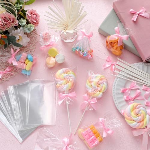 Cunhill 300 Pcs Cake Pop Sticks with Transparent Bags and Ribbon Bows, Pink