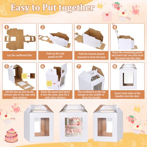 3 Pack Tall Cake Box for Tier Cake with Cake Board, 12 x 12 x 14 Inch Large Tiered Cake Carriers with Clear Windows & Handle, Disposable Bakery Take Out Transport Container for Birthday Wedding Party