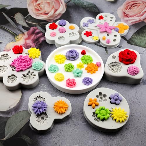 6Pcs Flower Molds Silicone Chocolate Mold Daisy Flower Fondant Cake Mold Rose Candy Moluld Polymer Clay Resin Mold Soap Ice Cube Jello Molds for Baking Cake Cupcake Decorating Wax Making - color: Peony Mold