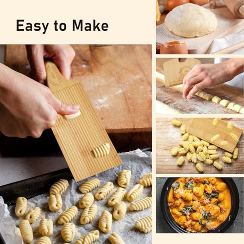Gnocchi Board Set for Rolling Dough - includes 4-in-1 paddle and a standard paddle, 2 rollers and 1 cutter - Authentic Bamboo Butter Paddles, Pasta Shaping Tools, Gift for pasta enthusiasts