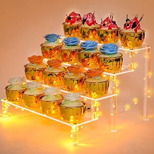 YestBuy Display Shelf Cake Stand – 4 Tier Shelf Cake Pop Stand – Multifunctional and Durable Acrylic Stand – Mounting Hardware Included – Ideal for Desserts, Cosmetics, Glassware, Figurines - color: Clear（Yellow Light）, size: 4 Tier - 1 Pack