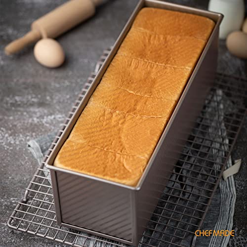 CHEFMADE Commercial Pullman Loaf Pan with Lid, 2.6Lb Dough Capacity Non-stick Rectangle Corrugated Toast Box for Oven Baking 5.2" x 15.2"x 4.9" Dishwasher Safe (Champagne Gold) - size: 04 - 2.6Lb Dough-Cap. Corrugated (Commercial)