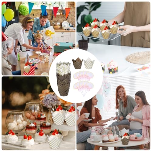 uxcell 100Pcs Tulip Cupcake Liners with 10Pcs Cheese Markers Muffins Liners - color: White/Brown