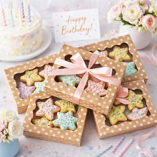 Polka Dot Cookie Boxes - 12 Pack - Brown Bakery Gift Box with Window - color: Craft White Polka Dots