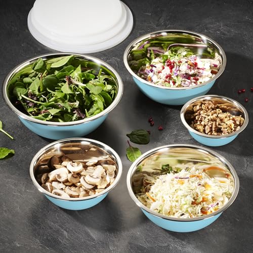 10-Piece Stainless Steel Mixing Bowl Set with Lids for Food Prep & Storage - color: Light Blue Bowls - With White Lids