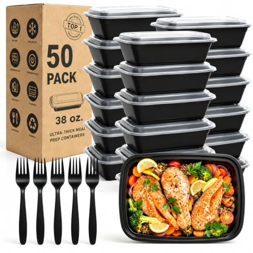 Meal Prep Containers 38OZ, 50 Pack +20 Forks, Leak Proof BPA Free - size: 38oz-50pack + 20 forks