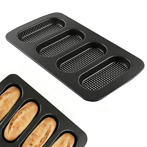 2-Pack Hot Dog Bun Pan Baguette Bread Pan, Carbon Steel Non-Stick Perforated Tray for Making Baguettes Hot Dog Buns