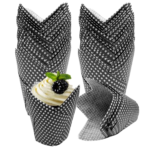 200 Pcs Grid Tulip Cupcake Liners Black Greaseproof Baking Cups - color: Grid