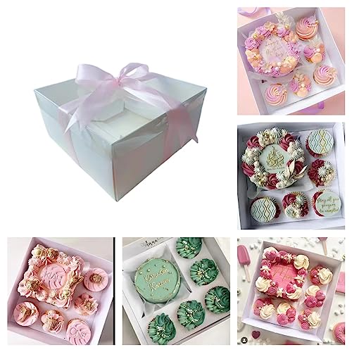 STVIRPOW 5-Pack Cupcake Box Combo with Full Clear Lid and 1.2 wide ribbon1 Small Cake and 5 Cupcakes Storage Container, Ribbon and Stickers for Birthday Party, Mother's Day(Pink ribbon)