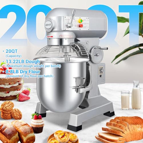 LEEVOT 20Qt 1100W Commercial Food Mixer, Commercial mixer 3-Speed Adjustable Heavy Duty Stand Mixer with Stainless Steel Bowl for Bakery Pizzeria. - size: 20QT+Timer