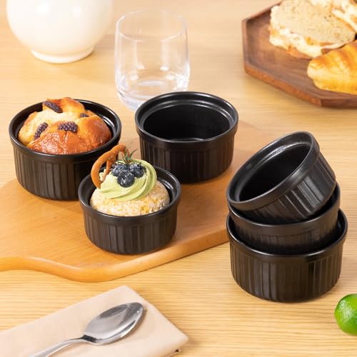 Yachi Ramekins Black, 6 oz Ceramic Set of 6 Stoneware Bakeware for Souffle Sauces Dipping Onion Soup Lava Cake Flan Creme Brulee Kit Pudding Mini Custard Oven Safe - color: Black, size: 6 OZ