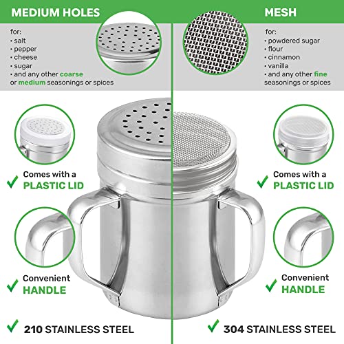 CUSINIUM 6oz Fine Mesh + 10oz Medium Holes Dredges - With Lids - With Handles - Flour Shaker Duster Set - Confection Sugar Shakers