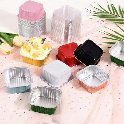 50 Pack Mini Cake Pans With Lids And Spoons,5oz Square Cake Tins - color: Gold
