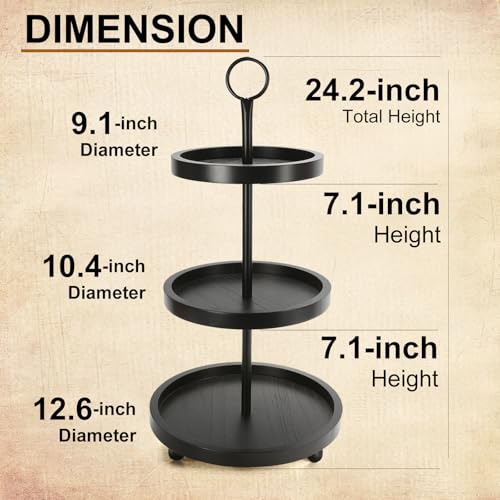 SYNCVIBE Wooden Farmhouse Round Black 3 Tiered Decorative Tray Stand - color: black