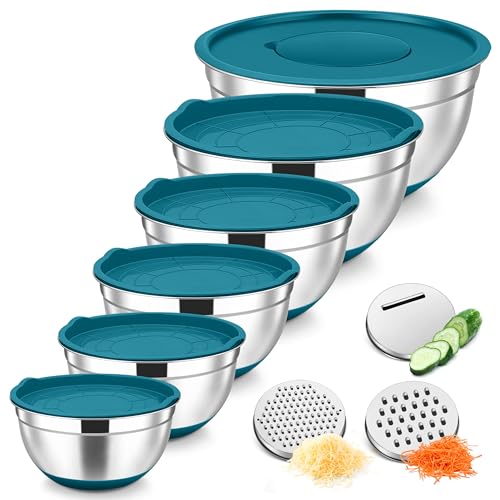 TeamFar Mixing Bowls, Stainless Steel Salad Bowl with Lid & Graters -Blue - color: Blue