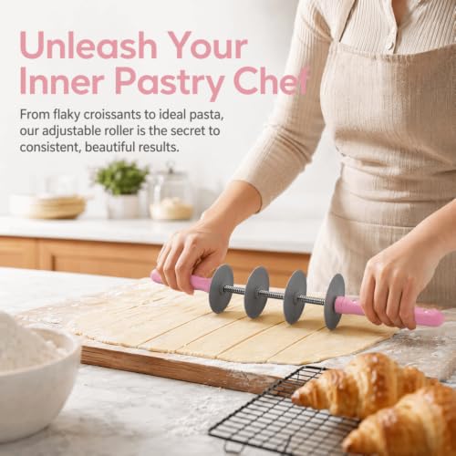 Adjustable Dough Cutter Roller, Multi Wheel Croissant Cutter Rolling Pin, ABS Pastry Roller for Bread Pizza Cookies, Grey Pink