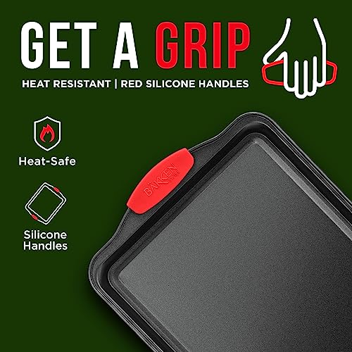 Nonstick Cookie Sheet Pan Carbon Steel Oven Tray Sheet Pan with Red Silicone Handles -Medium Bakeware Pan Tray with Gray Coating Inside & Outside - color: Black, size: Medium