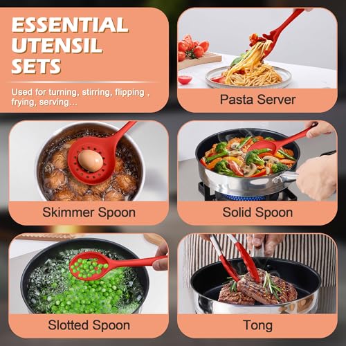 Homikit Kitchen Cooking Utensils Set, 15-Piece Silicone Spatula with Holder - color: Red