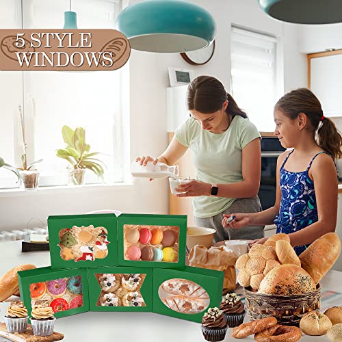 KPOSIYA 65 PCS 8x6x2.5 Inch Cookie Boxes with Window Green Bakery Boxes Pastry Boxes for Gift Giving, Treat, Dessert, Cupcakes, Chocolate, Strawberries, Donuts, Muffins (5 Style Windows) - color: Green(pack of 65)