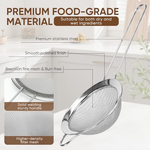 Mini Fine Mesh Strainer Set 5 Pack, Stainless Steel Small Sieves Colanders, Multipurpose Sifter Strainer for Tea, Pasta, Juice & Baking（ 2.13″, 2.72″, 3.29″, 3.9″ and 4.72″）