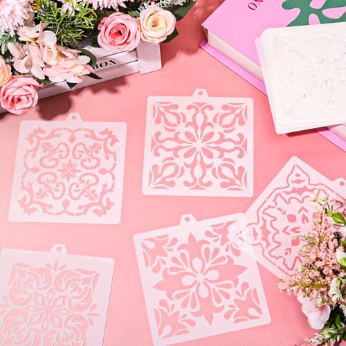 Whaline 15 Pcs Floral Tile Cookie Stencils Chinoiserie Toile Tiles Airbrush Painting Stencils with Bead Chain Decor Biscuit Coffee Cake Baking Reusable Templates for DIY Crafts Birthday Party - style: Tile