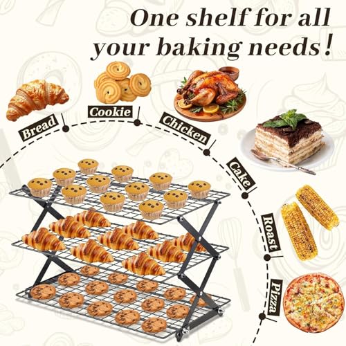 Pleafind 3 Tier Collapsible Cooling Rack - 4 Setting Design, Adjustable ＆ Stackable Baking Rack with X-Shaped Design and Leak-Proof Mesh Surface, Cooling Racks for Cooking and Baking, Dishwasher Safe - color: Light Black