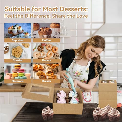 30-Set Cupcake Boxes Bulk with Clear Display Window Hold 4 Standard Cupcakes, Disposable Food Grade Brown Cupcake Carrier Cupcake Container, Perfect for Cupcakes Muffins Cookies Pastries