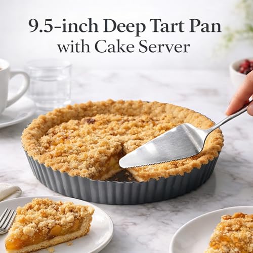 9.5*2.2 Inch Deep Tart Pan w/ Pie Cake Server. Removable Bottom, Non-Stick Coating, Rugged Carbon Steel for Tart Quiche Baking. Gift for Women Wife Christmas Thanksgiving Party Festival Family - size: 9.5*2.2IN