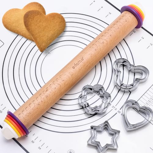 13.6" Adjustable Wooden Rolling Pin with 4 Thickness Rings & Cookie Molds - color: Natural Wood