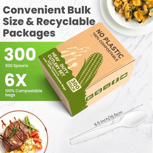 300-Count Compostable Spoons - Eco-friendly, Heavy Duty BPI Certified, Plastic-Free Disposable Spoons for BBQ, Camping, Events - Plant-Based No Plastic Spoon Set - size: 300 Spoons
