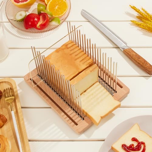 Bread Slicer, Stainless Steel Bread Slicer for Homemade Bread,Adjustable Bread Slicing Guide with Beechwood Bread Cutting Board for Loaf,Bagels & Baguette, Durable and Stable Wooden Structure