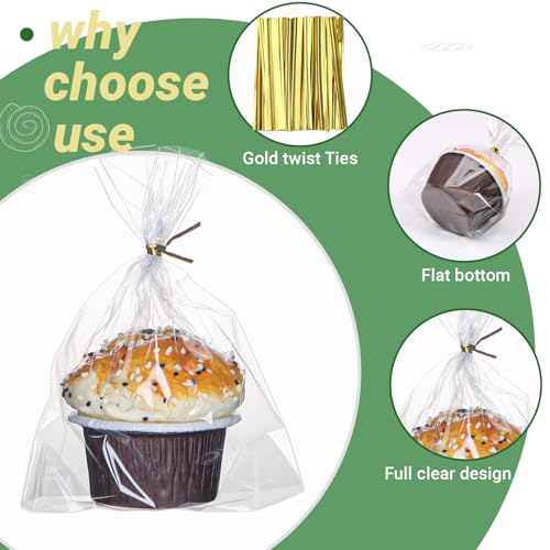 200 PCS 5x6.5 Cellophane Muffin Bags with Gold Twist Ties & Flat Bottom – Food-Safe Bakery Packaging for Cupcakes, Brownies, Cookies Macarons – Commercial-Grade for Party Favors, Catering Displays - color: Clear 5x6.5 Inch-200