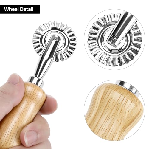 QWORK Ravioli Stamp Maker Cutter with Roller Wheel Set – Wood Handle, Sturdy Aluminum Frame, Precise Fluted Edges – Perfect for Ravioli, Pasta, Cookies