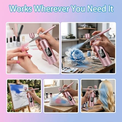 Cordless Airbrush Kit with Compressor,48 PSI High-Pressure, 6000mAh Rechargeable, 3-Speed Adjustable - 0.2/0.5 mm Nozzles & 3 Cups,Non-Clogging for Cake,Models, Makeup,Painting,Nails Art (Pink)