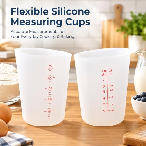 Hedume Set of 4 Silicone Flexible Measuring Cups with Marking, 2 Pack 8 Ounces(1-cup) and 2 Pack 16 Ounces(2-cup) Squeeze and Pour Silicone Measuring Cup Set